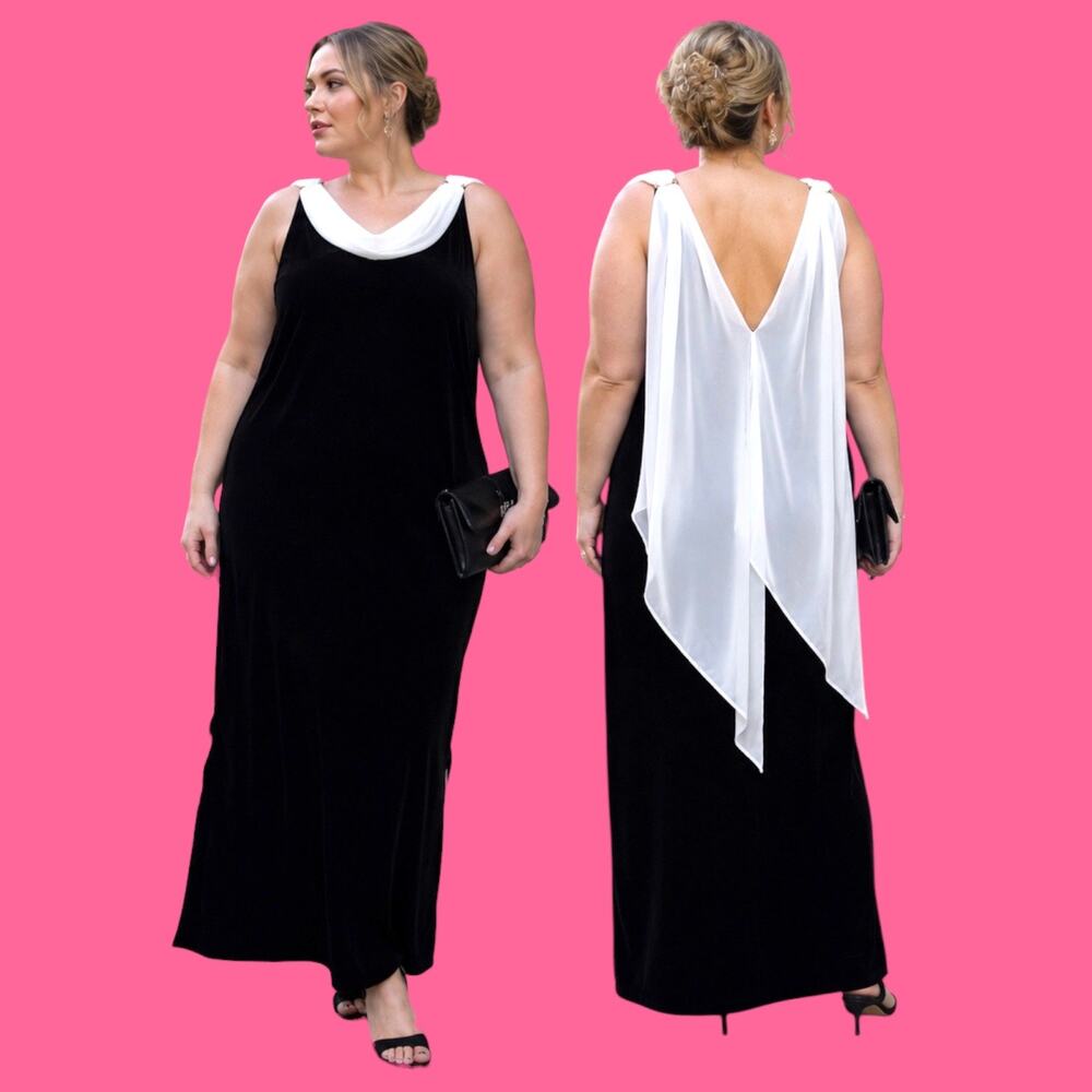 Vtg 90s Black Velvet Maxi Dress Gown White Chiffon Drape Formal Size 20WP Glam